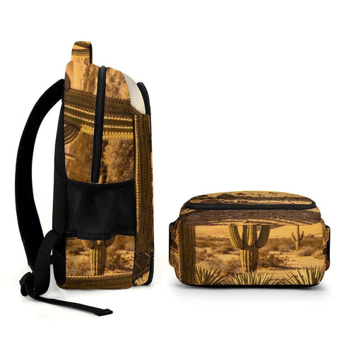 Side view of Warm Sand Dune Desert Flora Printed Unisex Backpack with large capacity and smooth zipper, ideal for school and travel.