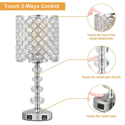 Crystal Bedside Lamp With Touch Control In Silver, 3-Way dimmable showing touch points and USB ports on base