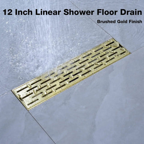 12 Inch Linear Shower Drain With Removable Brickwork Pattern Grate Adjustable Feet Hair Catcher Brushed Gold Finish