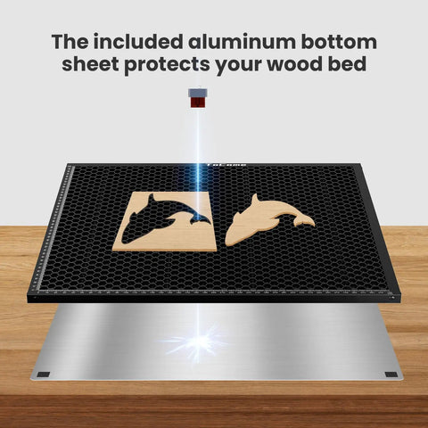 Steel Honeycomb Laser Bed 300x300mm 12x12in with Magnet Hold-Down for Laser Engraver, cutting dolphin shapes, aluminum sheet below.