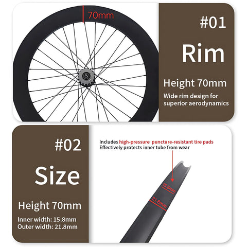 700C Fixed Gear Wheelset With 70mm Aluminum Track Rims Front 100mm Rear 120mm Hubs featured rim and size details diagram