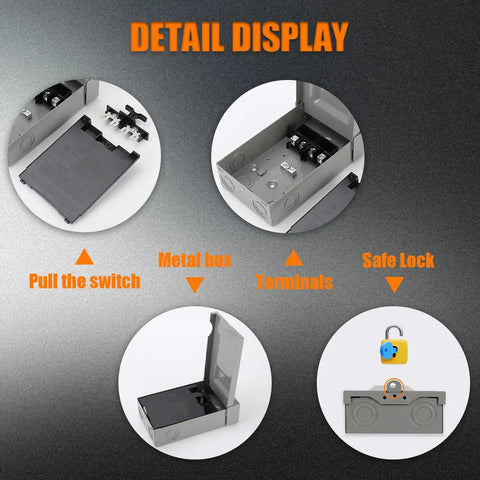 Built Tough And Weatherproof 60 Amp AC Disconnect Switch Box For Outdoor Units showing terminals and safe lock mechanism in galvanized steel box.