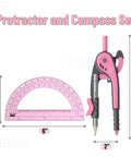 6 Inch Compass And Protractor Gear For Geometry And Drafting, 6" pink compass and protractor set shown with pencil holder and ruler