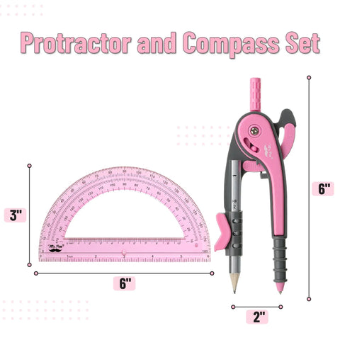 6 Inch Compass And Protractor Gear For Geometry And Drafting, 6" pink compass and protractor set shown with pencil holder and ruler