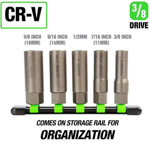 Spiral Type Deep Bolt Extractor Set, Five Piece, Chrome Vanadium Steel Construction in storage rail, SAE & Metric sizes.