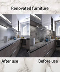 Stainless Steel Look Peel And Stick Countertop Wrap 24x197 Diy Friendly Waterproof Oilproof Heat Resistant Metallic Wallpaper For Kitchen Appliances Fridge And Dishwasher installed on kitchen countertops, showing before and after use.