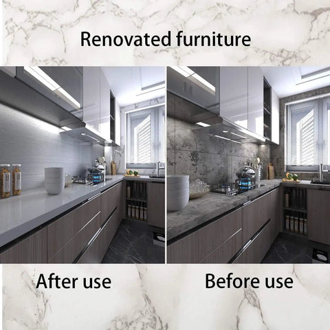 Stainless Steel Look Peel And Stick Countertop Wrap 24x197 Diy Friendly Waterproof Oilproof Heat Resistant Metallic Wallpaper For Kitchen Appliances Fridge And Dishwasher installed on kitchen countertops, showing before and after use.