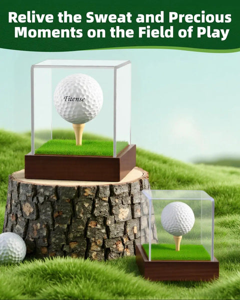 Epic Golf Ball Display Case With Clear Acrylic Cube And Solid Wood Base on display outdoors on tree stump