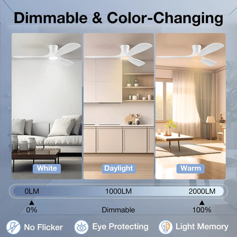 52 Inch Smart Wood Ceiling Fan With Lights Low Profile Flush Mount in white, daylight, and warm light settings