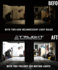 Before and after garage lighting with TRiLIGHT 3000 Lm Motion Sensor Ceiling Light With Screw-In Install, 24W Low Power.
