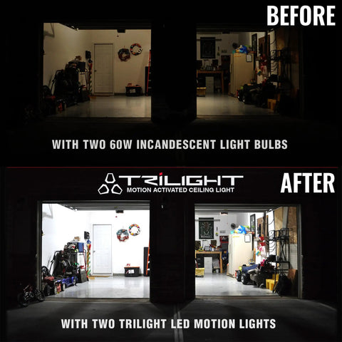Before and after garage lighting with TRiLIGHT 3000 Lm Motion Sensor Ceiling Light With Screw-In Install, 24W Low Power.