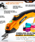 Upgrade To The Latest Antive Electric Scissors For Fabric And Cordless Cardboard Cutter With 2 Heads, Featuring A Safety Lock Button And Tungsten Steel Blades For Smooth, Effortless Cutting. Perfect For Diy Projects. showing scissors with comfort grip, LED light, and included blades.