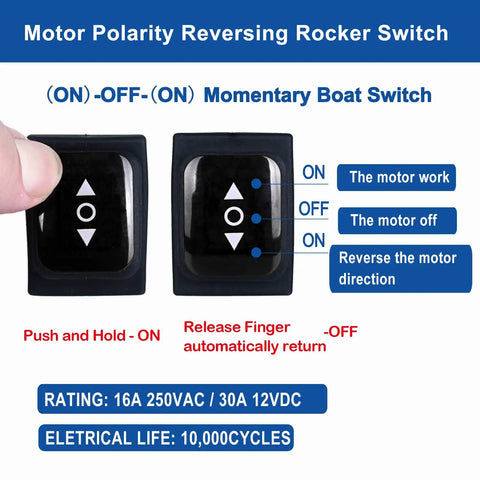 Beefy Waterproof DPDT Polarity Reversing Rocker Switch On Off On 3 Position Momentary Double Throw With Jumper Wires 6 Pins Snap In Toggle Switch 12V 20A 125V 16A 250V black switch, 16A 250VAC 30A 12VDC