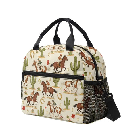 Desert Horse Insulated Kids Lunch Box with easy-clean lining and adjustable strap, features horse and cactus print, side view
