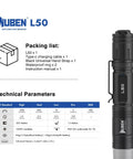 Beefy 1200 Lumens Rechargeable Tactical Flashlight With IP68 Waterproof Build shown with packing list and technical parameters.