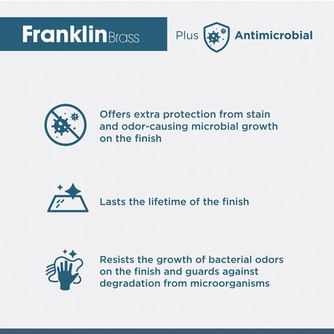 Franklin Brass antimicrobial features including protection against microbial growth, long-lasting finish, and bacterial odor resistance.