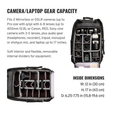 Carry-On Roadie Backpack 22 showing interior compartments for DSLR, mirrorless cameras, lenses, tripod, and 17-inch laptop