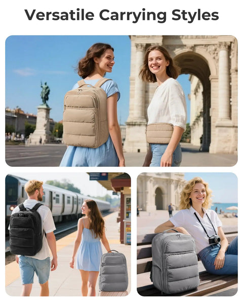 Women using 35L Travel Backpack For Women That Fits Under The Seat As A Personal Item in different styles at travel locations.