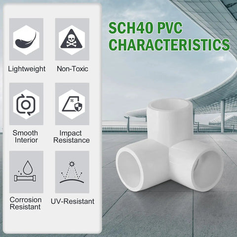 3-Way PVC Pipe Fittings Half Inch White SCH40 Furniture Grade Tee Elbow Corner Connectors 12 Pack Fits Half Inch PVC Pipes For DIY Cubes And Projects Easy Install with SCH40 characteristics like lightweight, non-toxic, and corrosion resistant