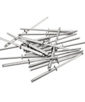 50 Pack 1/8 X 1 Inch 304 Stainless Steel Dome Head Blind Rivets Open End Type Metal Fasteners scattered on a surface.