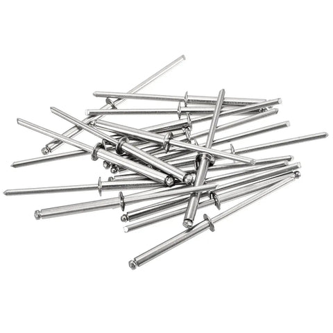50 Pack 1/8 X 1 Inch 304 Stainless Steel Dome Head Blind Rivets Open End Type Metal Fasteners scattered on a surface.