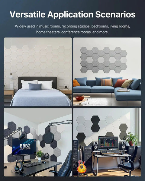 Ultra Sleek Hexagon Acoustic Panels With Heavy Duty Self Adhesive Backing 18 Pack in various room settings for soundproofing.