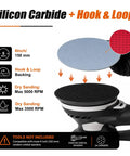 Premium 6 Inch Wet Dry Hook And Loop Sanding Discs With 65 Pieces Covering 600 To 5000 Grit, showing silicon carbide pad and orbital sander.