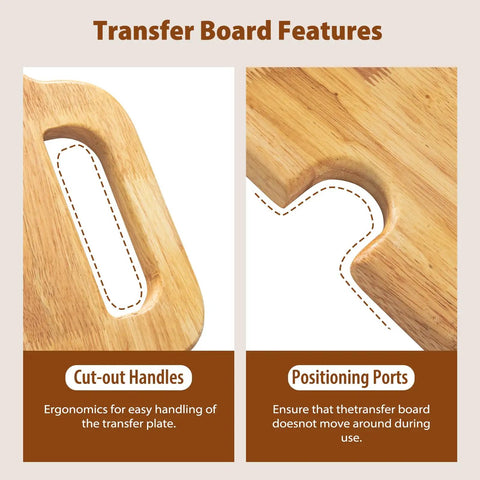 Heavy Duty Slide Transfer Board With Swivel Turntable For Wheelchair To Bed Or Toilet Relocation Smooth Zero Sweat Patient Mobility Aid features cut-out handles and positioning ports.