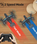 Grab And Go Beginner Friendly Drone With 720P HD Camera showing fast and slow speed modes on wooden floor with remote control.