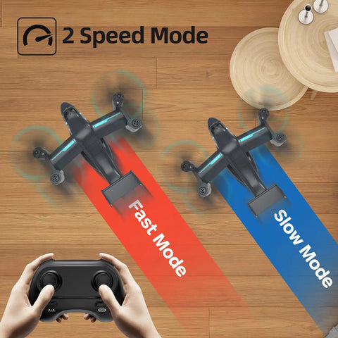 Grab And Go Beginner Friendly Drone With 720P HD Camera showing fast and slow speed modes on wooden floor with remote control.