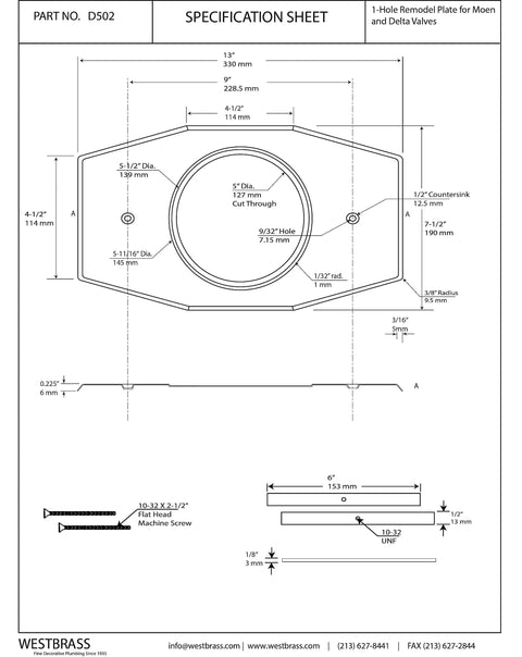 Specification sheet for One Hole Remodel Plate for Moen and Delta in Matte Black Finish, Model D502-62, with dimensions and details.