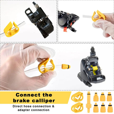 Dual Use Hydraulic Brake Bleed Kit For Road And MTB Bikes With M4 To M7 Adapters shown with brake caliper