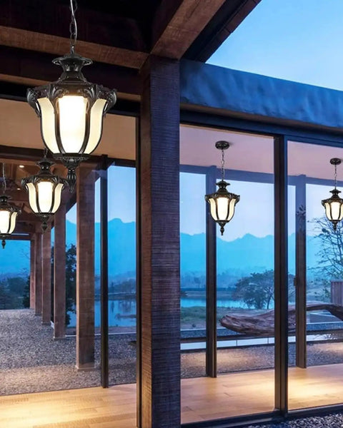Rustic Victorian Outdoor Pendant Light E26 Waterproof Aluminum Hanging Lantern with black frame in pavilion setting