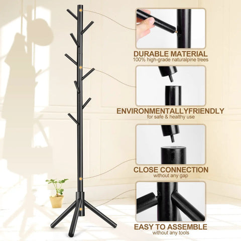 Sturdy Wooden Coat Rack Freestanding With Eight Hooks And Three Adjustable Heights 24 48 69 Inches, easy assembly shown