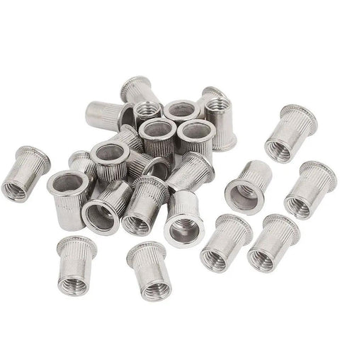 Thirty Piece Stainless Steel Rivet Nuts Set One Quarter Twenty UNC Nutserts For Sheet Metal Grip Range 0.027 To 0.125 Inches