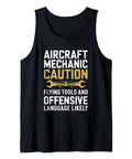 Caution Flying Tools Tank Top For Aircraft Mechanics And Aviation Technicians AMT Tee Gift For Airplane Nerds And Gearheads Funny Aviation Maintenance Shirt with bold text and wrench design