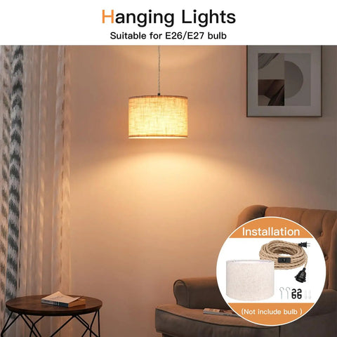 Plug And Play Boho Pendant Light With 16 FT Natural Linen Shade And Integrated On Off Switch Hemp Cord, hanging over a cozy chair.