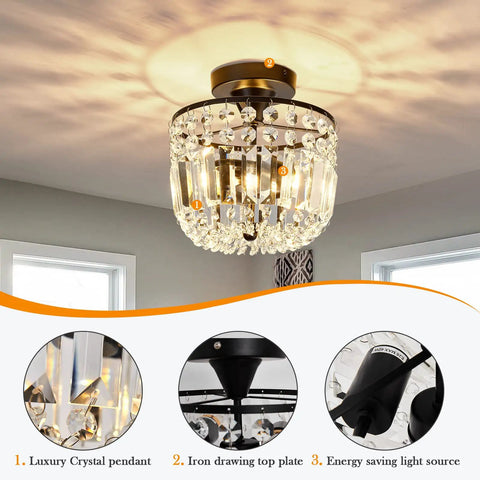 Totally Chic Crystal Chandelier Two Light Modern Semi Flush Mount Ceiling Fixture for Hallway Kitchen Foyer Black Finish