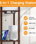 3-in-1 charging station detail on floor lamp with shelves and LED USB Type C ports built in AC outlet walnut wood column