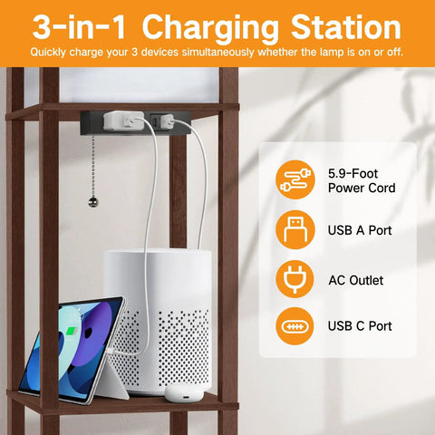 3-in-1 charging station detail on floor lamp with shelves and LED USB Type C ports built in AC outlet walnut wood column