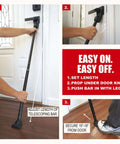 2 In 1 Door Security Bar And Sliding Patio Bar With Interchangeable Caps being set under door knob, adjustable telescoping bar shown
