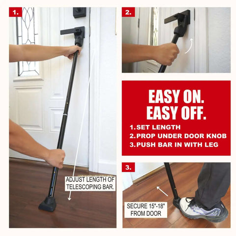 2 In 1 Door Security Bar And Sliding Patio Bar With Interchangeable Caps being set under door knob, adjustable telescoping bar shown