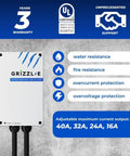 Grizzl-E Avalanche Edition electric vehicle charger with UL certification, showing water resistance and adjustable amperage settings.