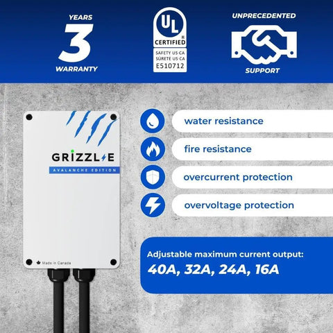 Grizzl-E Avalanche Edition electric vehicle charger with UL certification, showing water resistance and adjustable amperage settings.