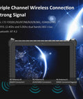 Heavy Duty 10.1 Inch Rugged Tablet Running Windows 11 Pro showing triple channel wireless connection details and antenna ports.