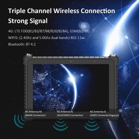 Heavy Duty 10.1 Inch Rugged Tablet Running Windows 11 Pro showing triple channel wireless connection details and antenna ports.