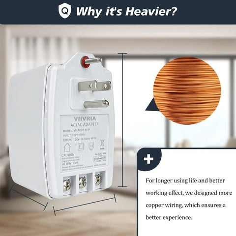 24 Volt AC Plug In Doorbell Transformer for Ring Doorbells and Compatible with Nest Ecobee Sensi and Honeywell Thermostats showing copper wiring.
