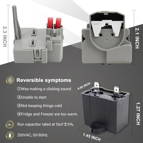Fridge Start Relay And Capacitor Kit W10662129 For Whirlpool Kenmore Electrolux Maytag Jenn Air Magic Chef Admiral Norge Roper KitchenAid Freezer Start Device Replacement shown with dimensions and features