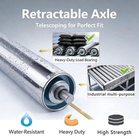 Heavy Duty Conveyor Roller and Mower Replacement, 1.5 Inch Diameter by 25.6 Inches Length with retractable axle for industrial use.