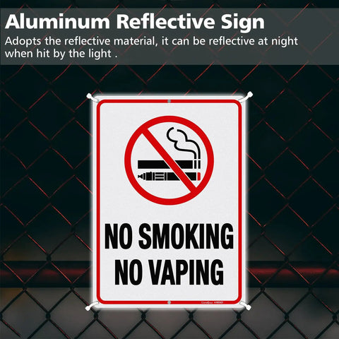 No Smoking No Vaping Signs 10x7 Inches Reflective Aluminum Weatherproof Indoor Outdoor Use against a chain-link fence